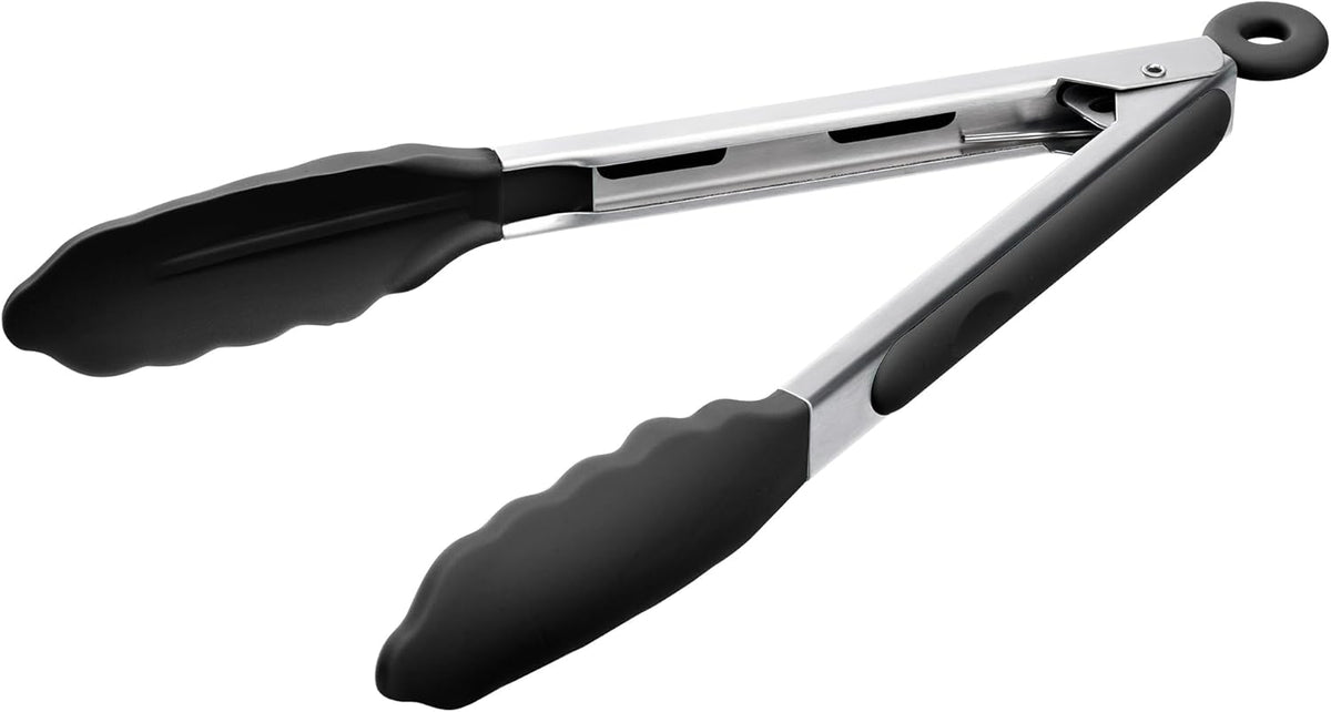 Doosu Kitchen Tongs for Cooking - 600°F Heat Resistant Food Tong with Non-Scratch Silicone Tips, Heavy Duty Stainless Steel Locking Tong for BBQ, Grilling Steak, Serving Salad, Pasta (9in, Black)
