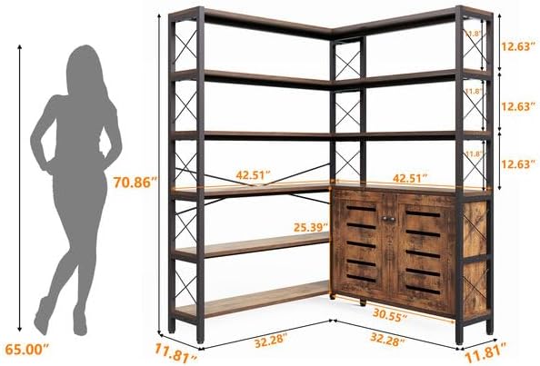 6-Shelf Corner Bookshelf, Vintage Industrial Corner Shelf Etagere Bookcase, Large Book Shelf with Metal Frame Open Storage Corner Cabinet (Brown-Lockers, Large)