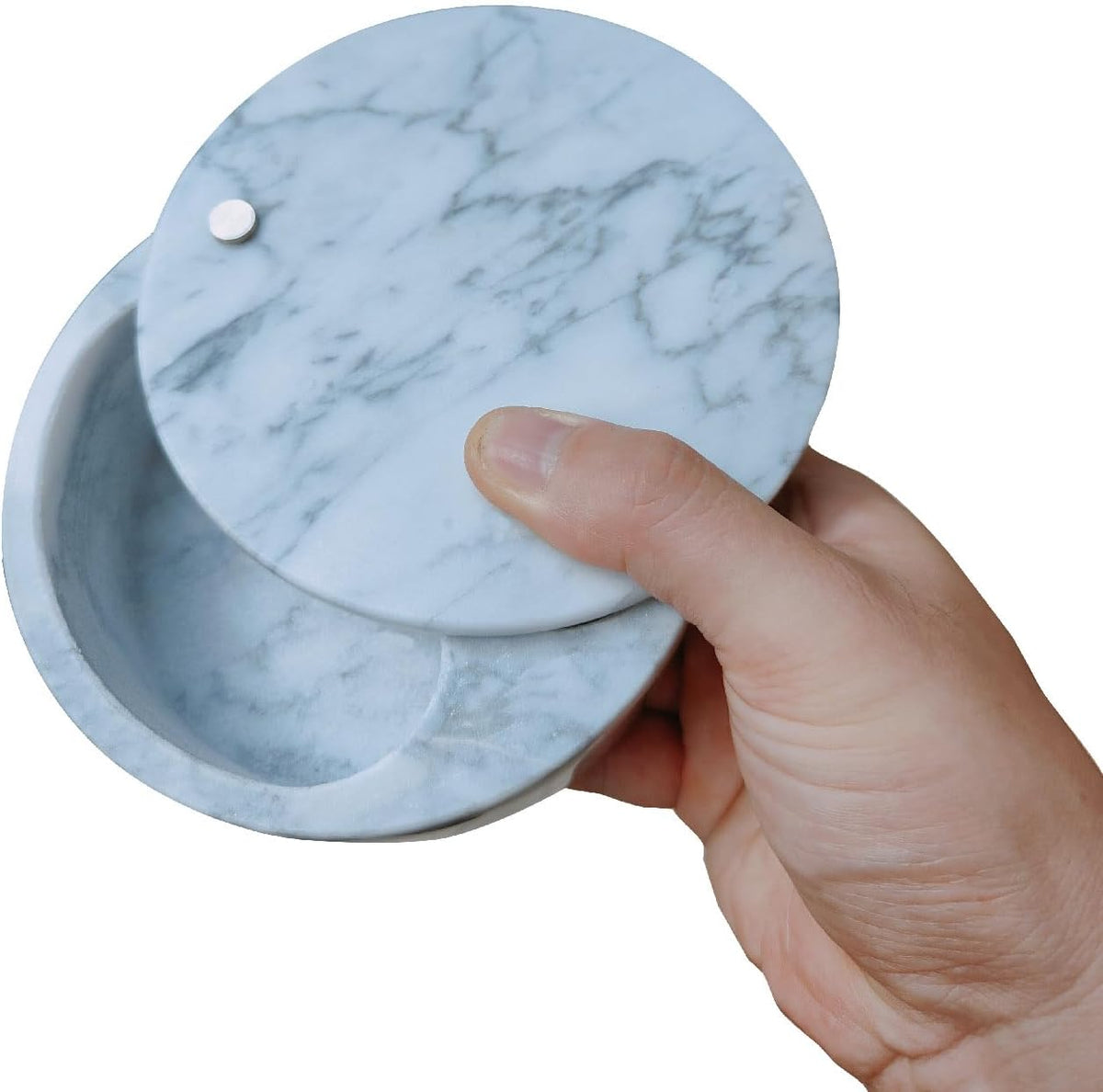 Marble Salt Cellar and Storage Box with Two Compartments Salt Box with Swivel Lid for Storing Spice (White)