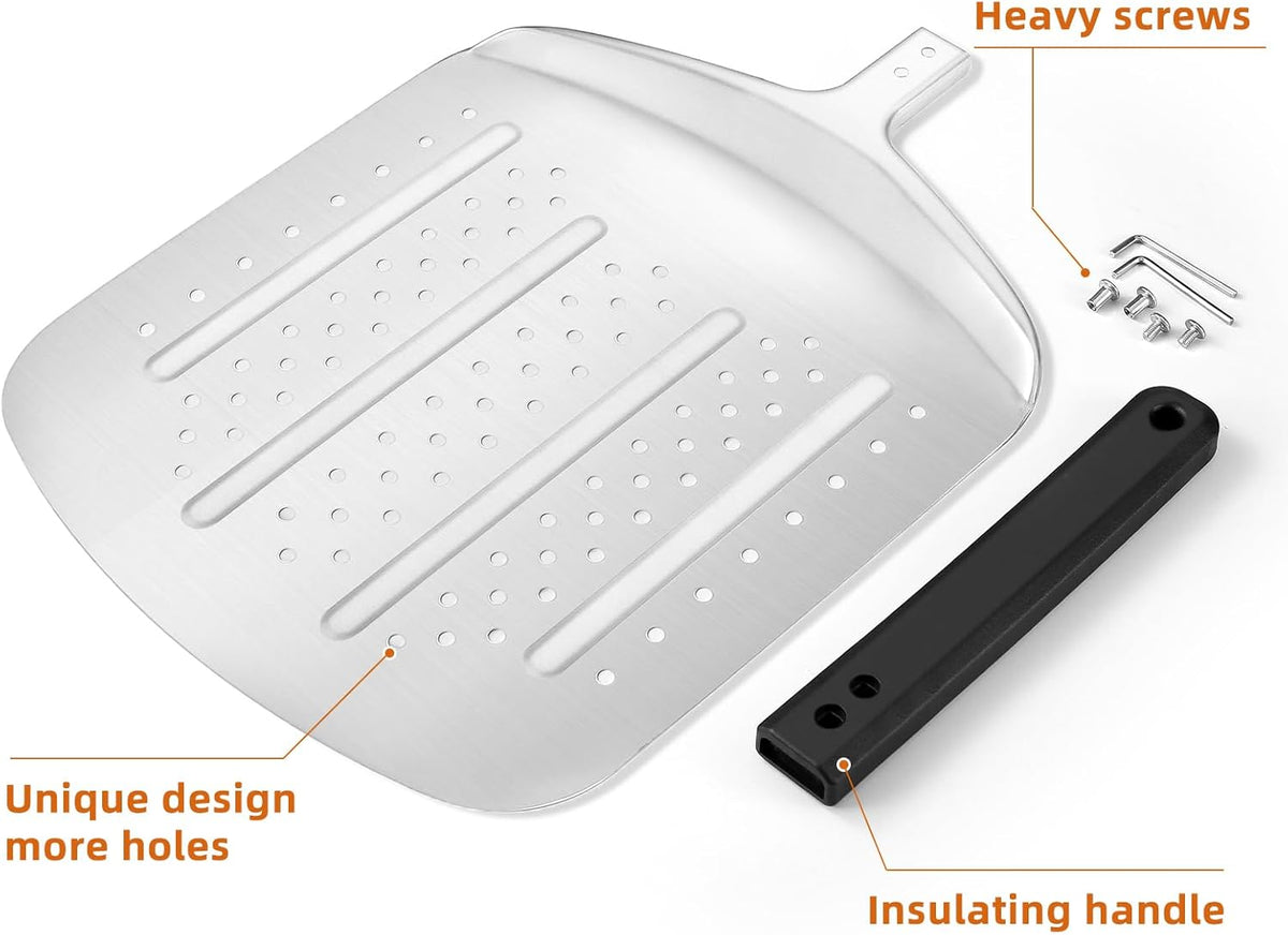 MANJIA Perforated Pizza Peel – 12 inch Aluminum Pizza Paddle with Rocker Cutter Storage Bag – Lightweight Nonstick Metal Pizza Paddle Set for Homemade Baking Pizza Oven & Stone (silver)