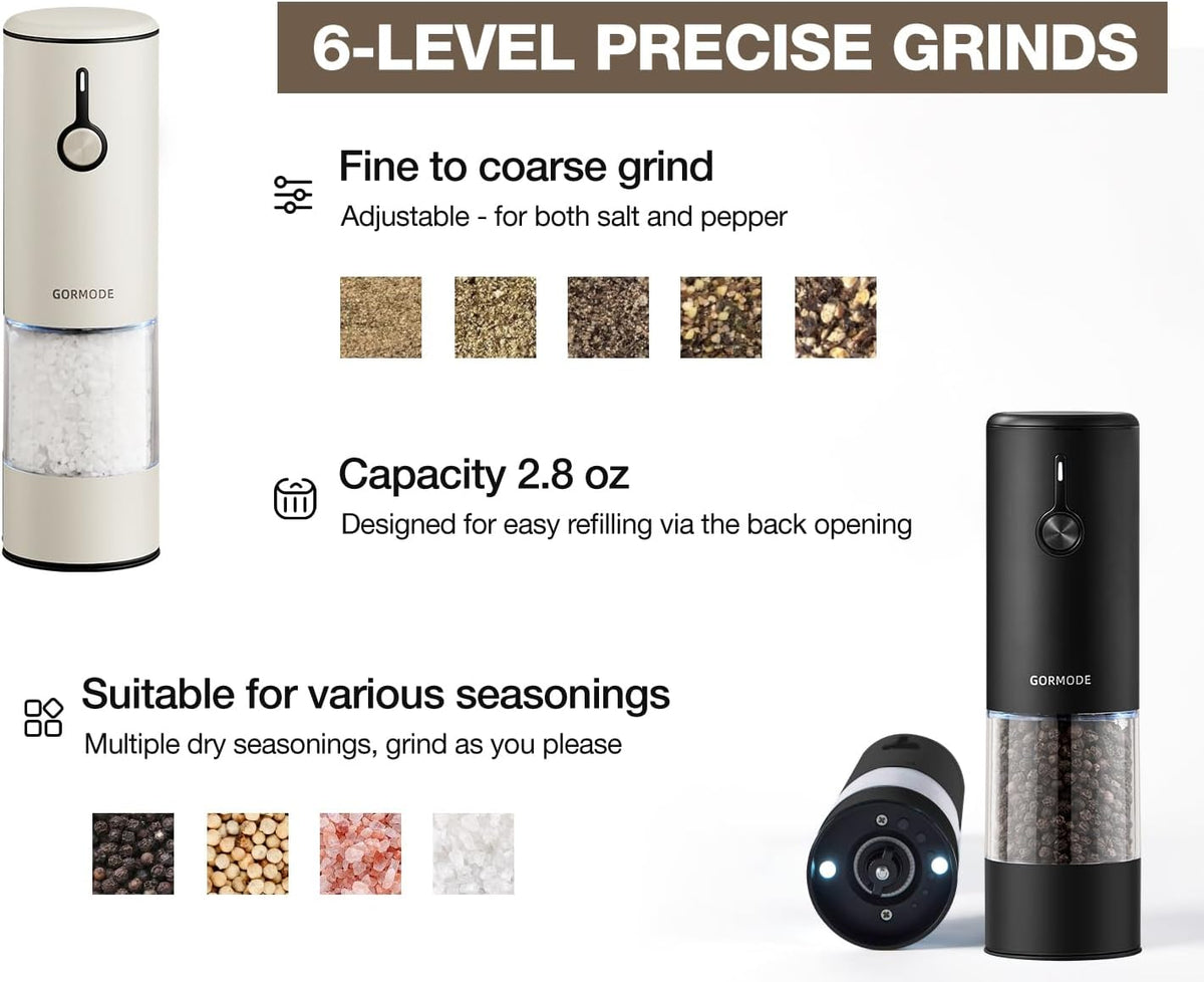 Stainless Steel Rechargeable Electric Salt and Pepper Grinder Set, USB Charging with Dust Cover, 6 Adjustable Grinding Modes + LED Light 2packBlack+Cream