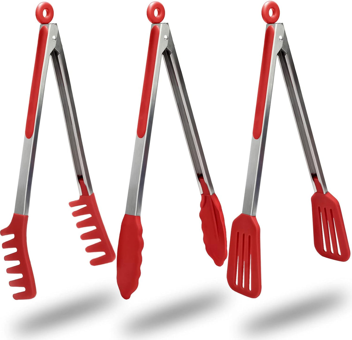 HST Tongs for Cooking with Silicone Tips(3 Pack), Non Stick Kitchen Tongs with Silicone Tip for Cooking BBQ Baking (12", Red)