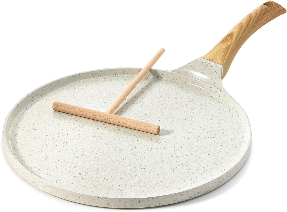 SENSARTE Nonstick Crepe Pan with Spreader, 12-Inch Natural Ceramic Coating Dosa Pan Pancake Flat Skillet Tawa Griddle with Stay-Cool Handle, Induction Compatible (White)