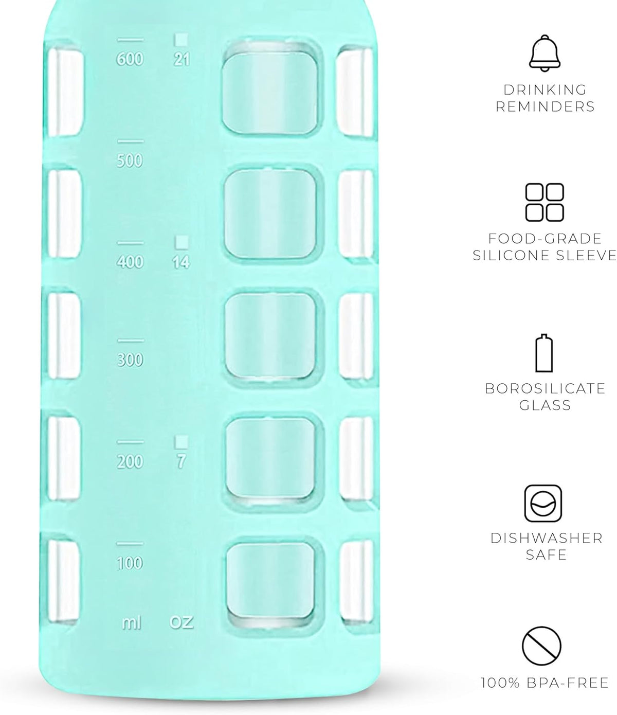 purifyou 40oz / 32oz / 22oz / 12oz Borosilicate Glass Water Bottle with Time & Volume Markers, Silicone Sleeve, Stainless Steel Lid – Reusable Glass Bottle for Water & Juice (22oz Glow-in-the-Dark)