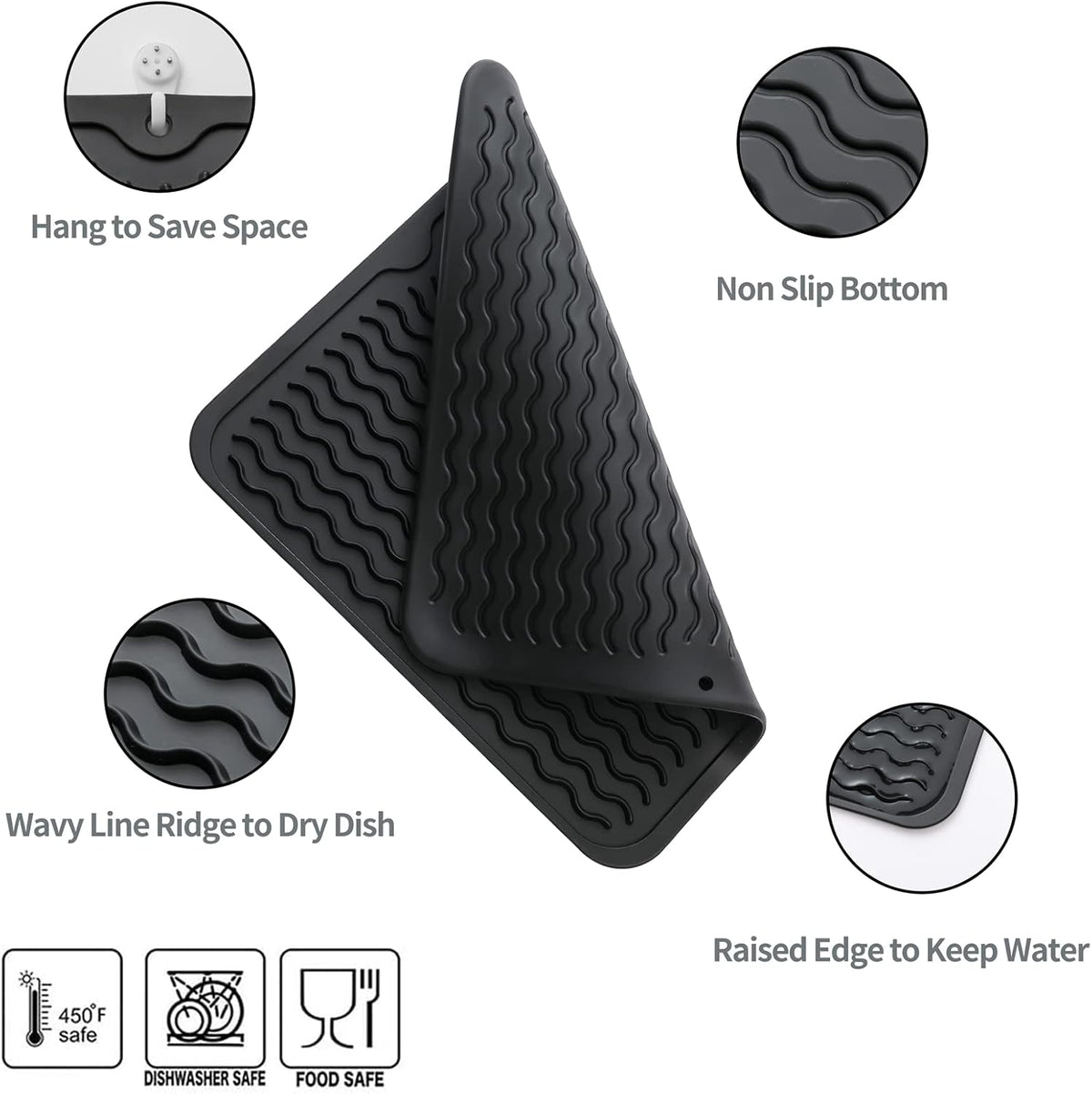 Silicone Dish Drying Mat for Multiple Usage,Easy clean,Eco-friendly,Heat-resistant Silicone Mat for Kitchen Counter or Sink,Refrigerator or Drawer liner Black M 12 inches x 12 inches