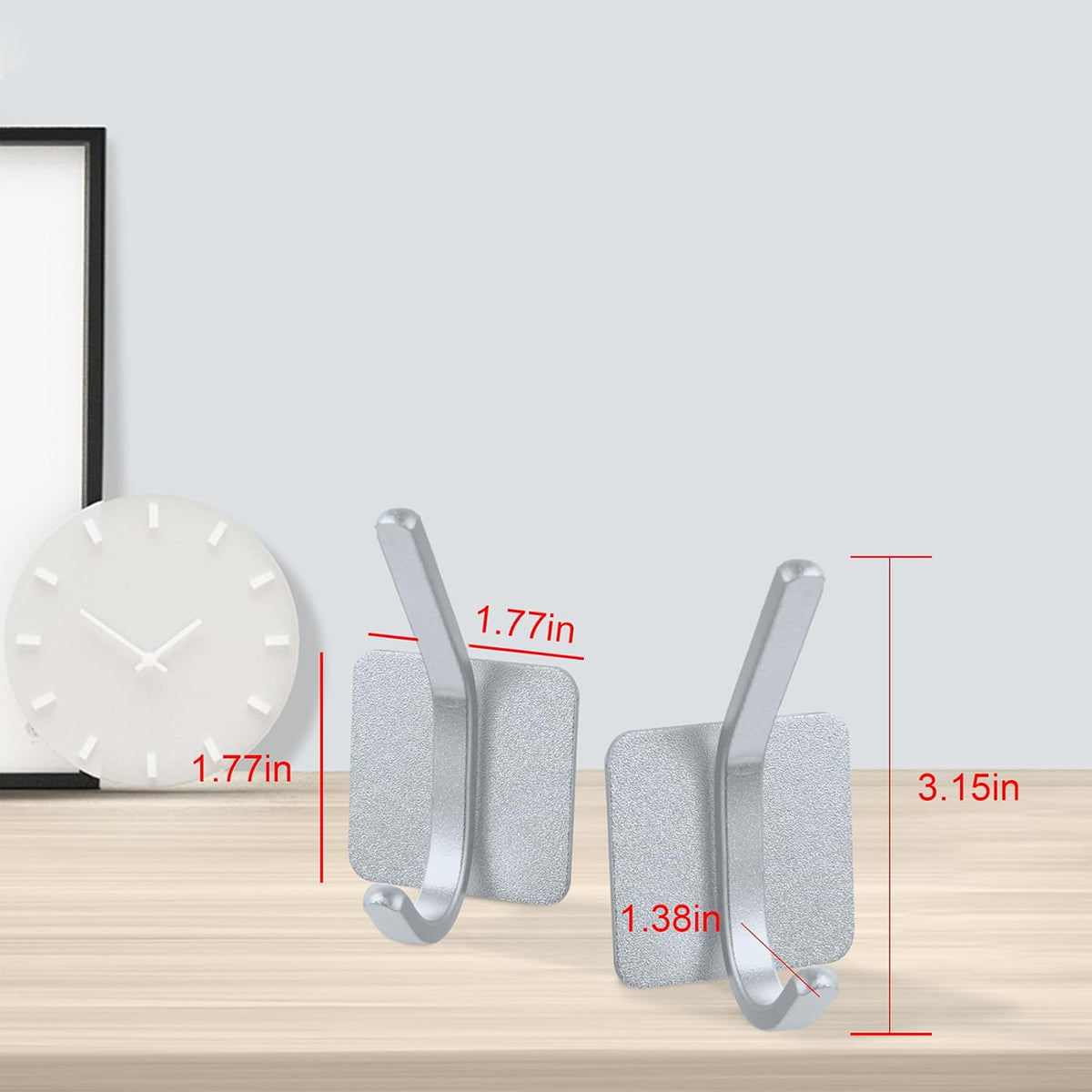 Aluminum Wall Hooks, No Drill Damage-Free Adhesive Hook, Product for Hanging Heavy Duty for Bathroom Kitchen Home (Double Square Sliver Hook, 4)