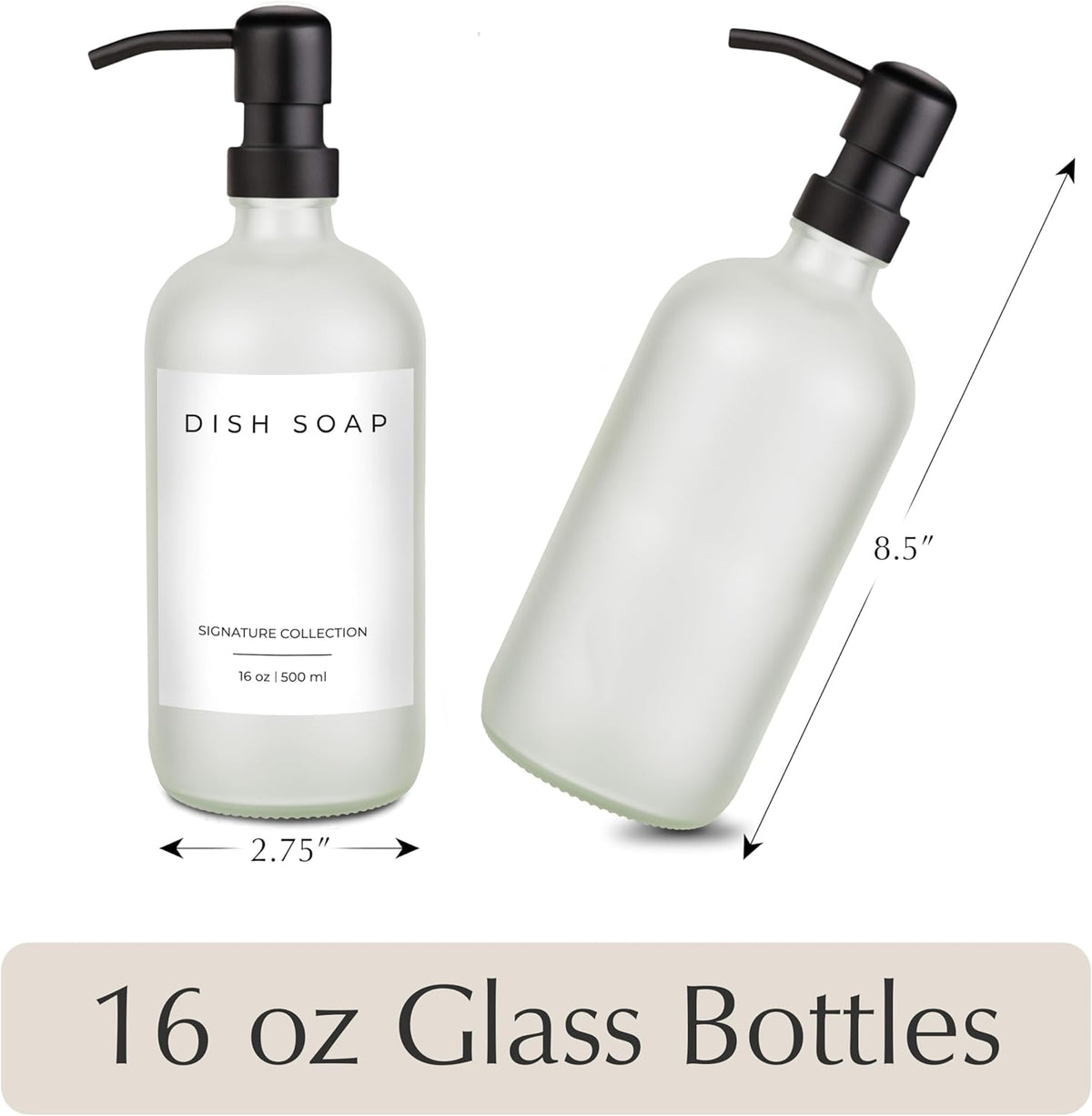 Emerson Essentials Glass Soap Bottle Dispensers, 2 Pack, Stainless-Steel Pumps Rust-Free, Hand Set for Bathroom Kitchen Sink, Liquid Lotion Shampoo Jars with 4 Waterproof Labels, 16 Oz Frost/Black