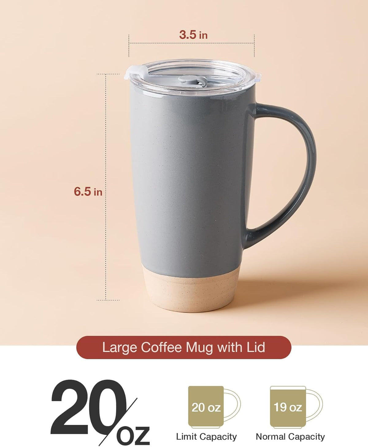 famiware Milkyway Coffee Mugs, 20oz Large Coffee Mug, Ceramic Mug Set of 2 with Lid, Cup Set with Handle for Latte, Tea, Cocoa, Milk, Home & Office, Dark Gray