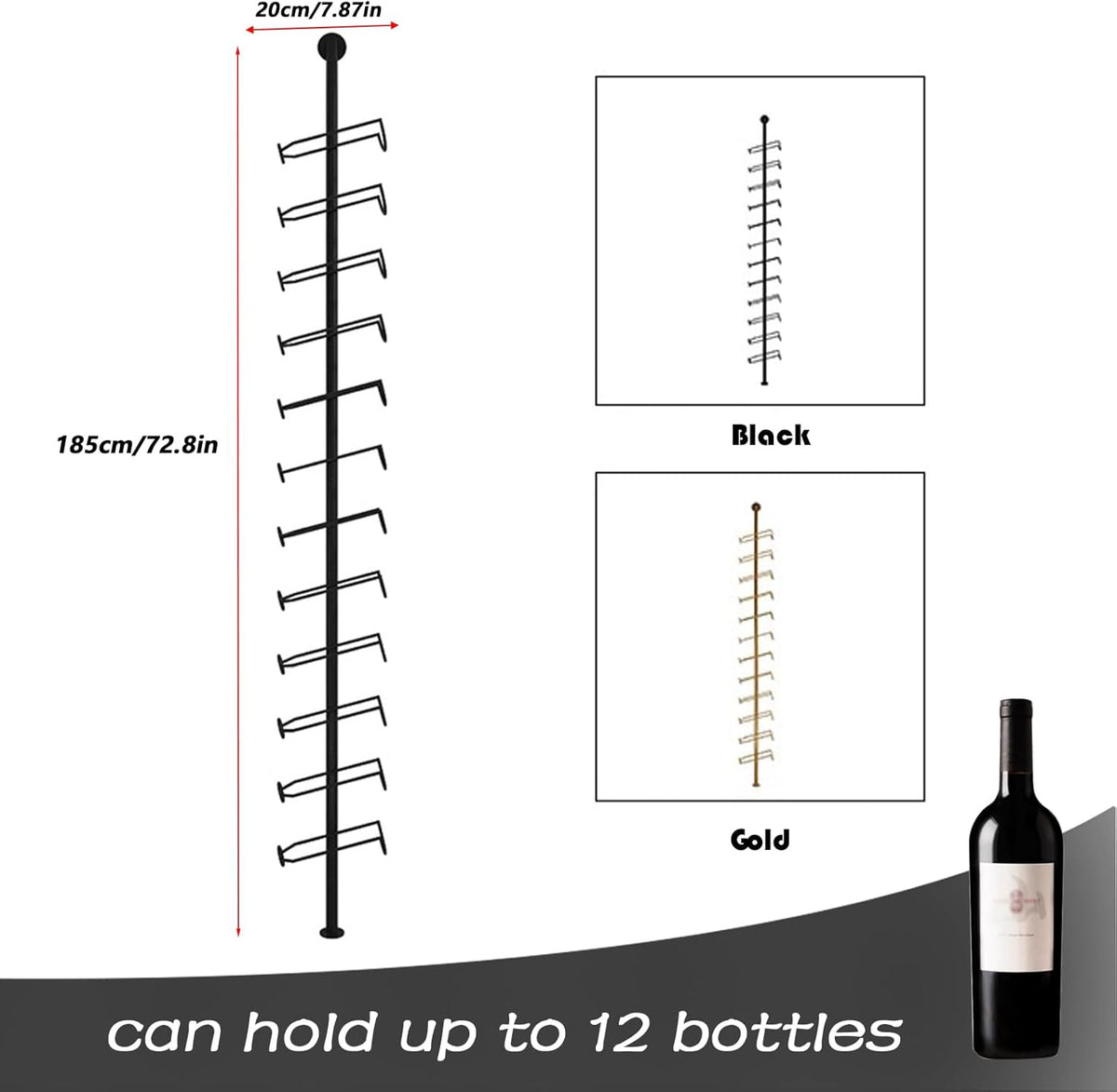 Wine Rack Wall Mounted, 72.8in High Metal Wine Bottle Holder for 12 Bottles, Kitchen Organization and Wine Storage for Commercial Restaurants Pantry Bar Wine Cellar (Black, Five rows-60 Bottles)