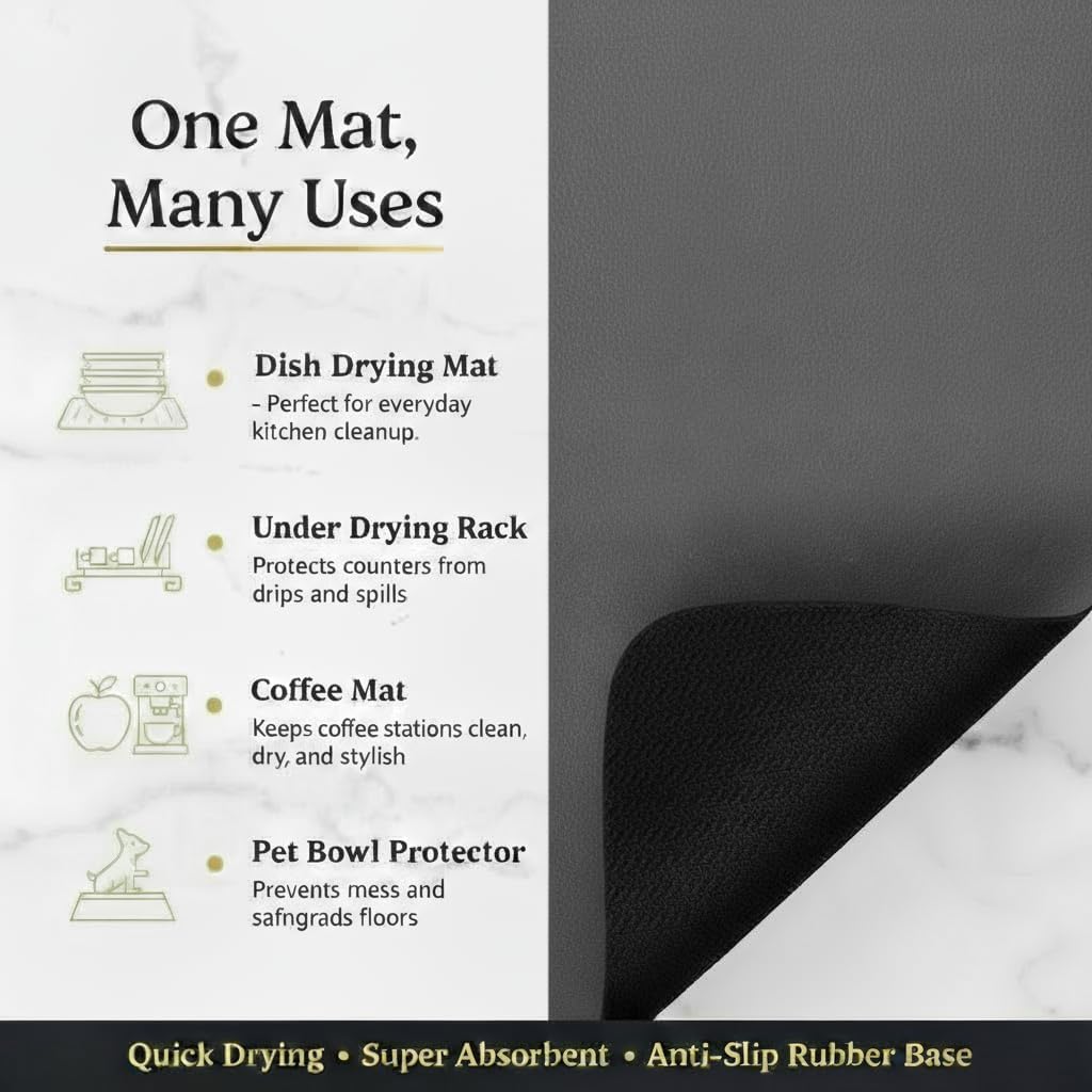 Dish Drying Mat Super Absorbent – 16" x 18" Coffee Mat for Countertops – Non-Slip Drying Mat for Kitchen Counter – Easy to Clean Water Absorbent Mat – Quick Dry Dish Mats (Dark Gray)