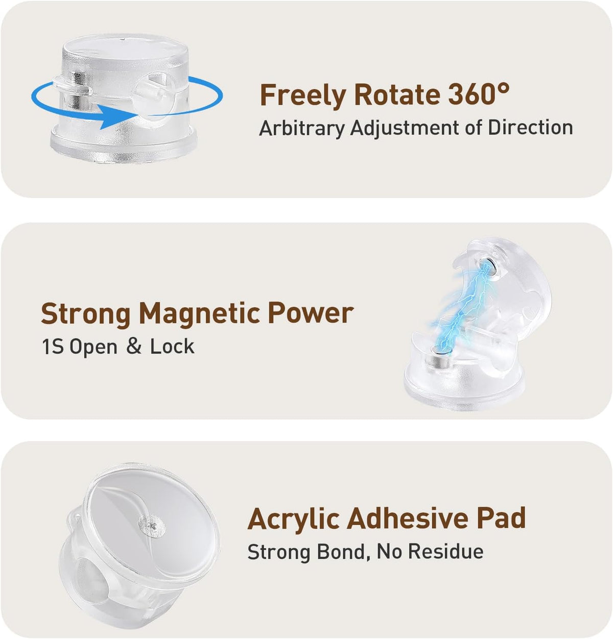 AGPTEK 8 Pack Magnetic Cable Clips, Upgraded 360° Rotatable Cord Holder Clips for Nightstand, Desk Cord Organizer Adhesive Wire Management Home Office Phone Charging Cords USB Cable Keeper (Clear)