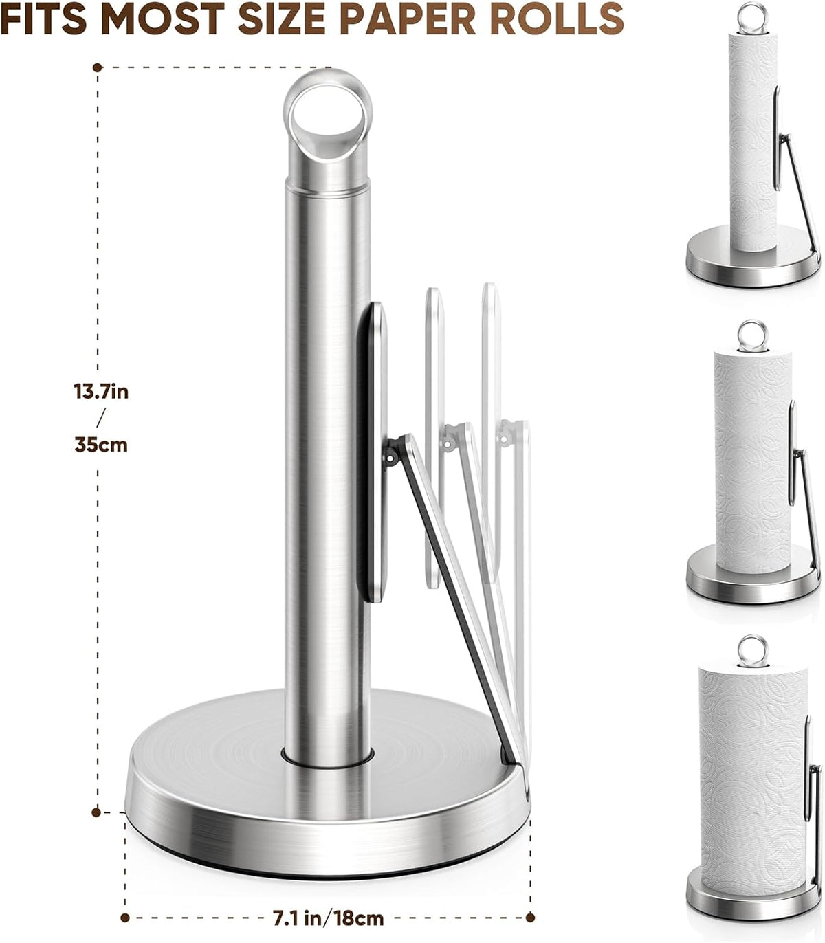 theaoo Heavy-Duty Stainless Steel Paper Towel Holder with Tension Arm – Easy One-Handed Tear, Modern Standing Countertop Dispenser for Kitchen, Holds All Paper Towel Rolls (1, Silver)
