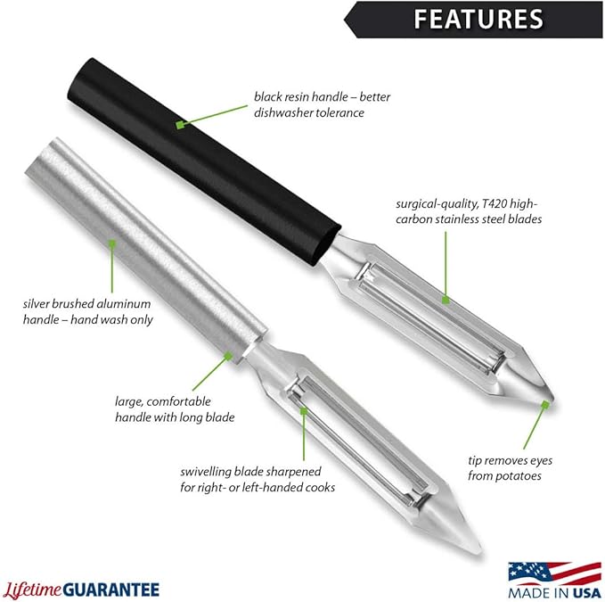 Rada Cutlery Deluxe Vegetable Peeler (R141), 2" Stainless Steel Swiveling Blade, Silver Handle, Pack of 2