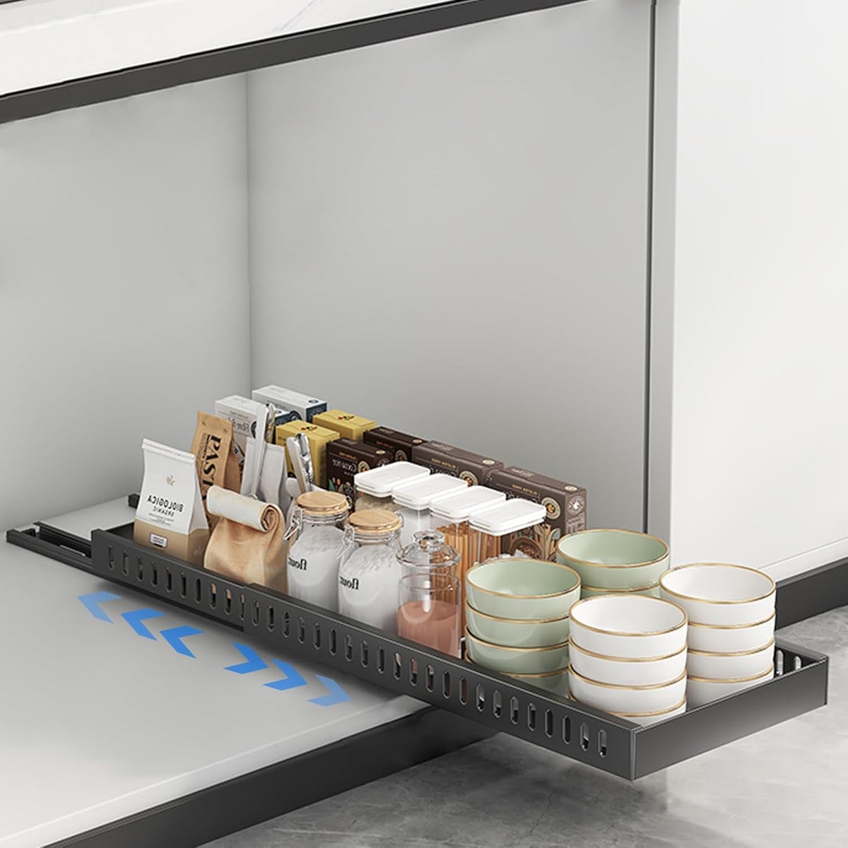 Expandable Pots and Pans Organizer Under Cabinet, Sliding Pot Lid Holder and Pan Rack in Kitchen, Pull out Kitchen Cabinet Storage, with 10 Adjustable Dividers