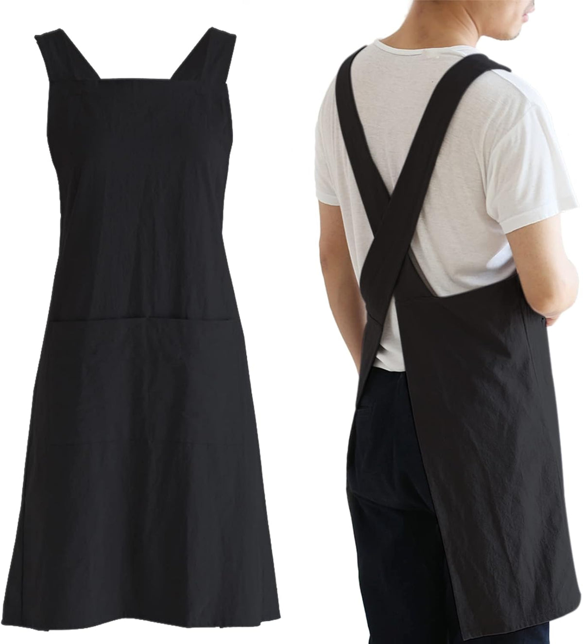 NEWGEM Japanese Linen Cross Back Cooking Aprons for Women Men with Pockets Cute for Baking Kitchen