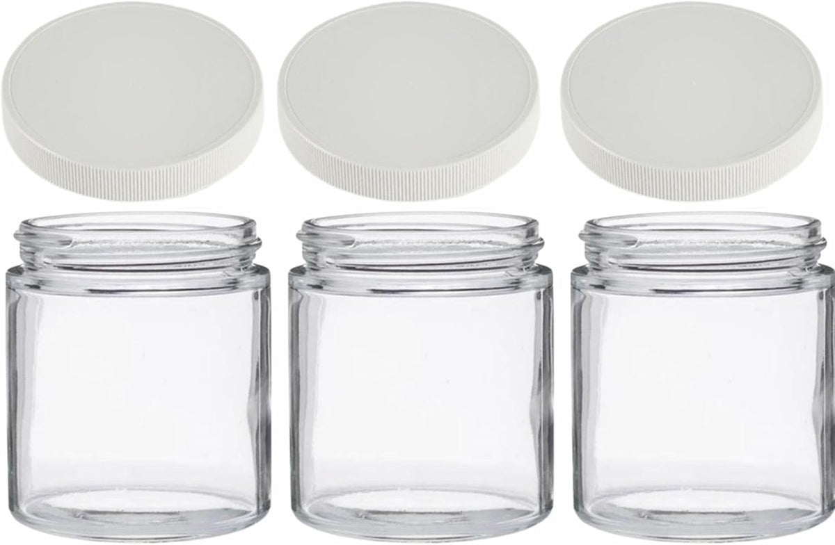Jarming Collections Mason Jars - 16 oz Glass Extra Wide Mouth Pint Storage Jars with White Plastic Lids - Made in USA