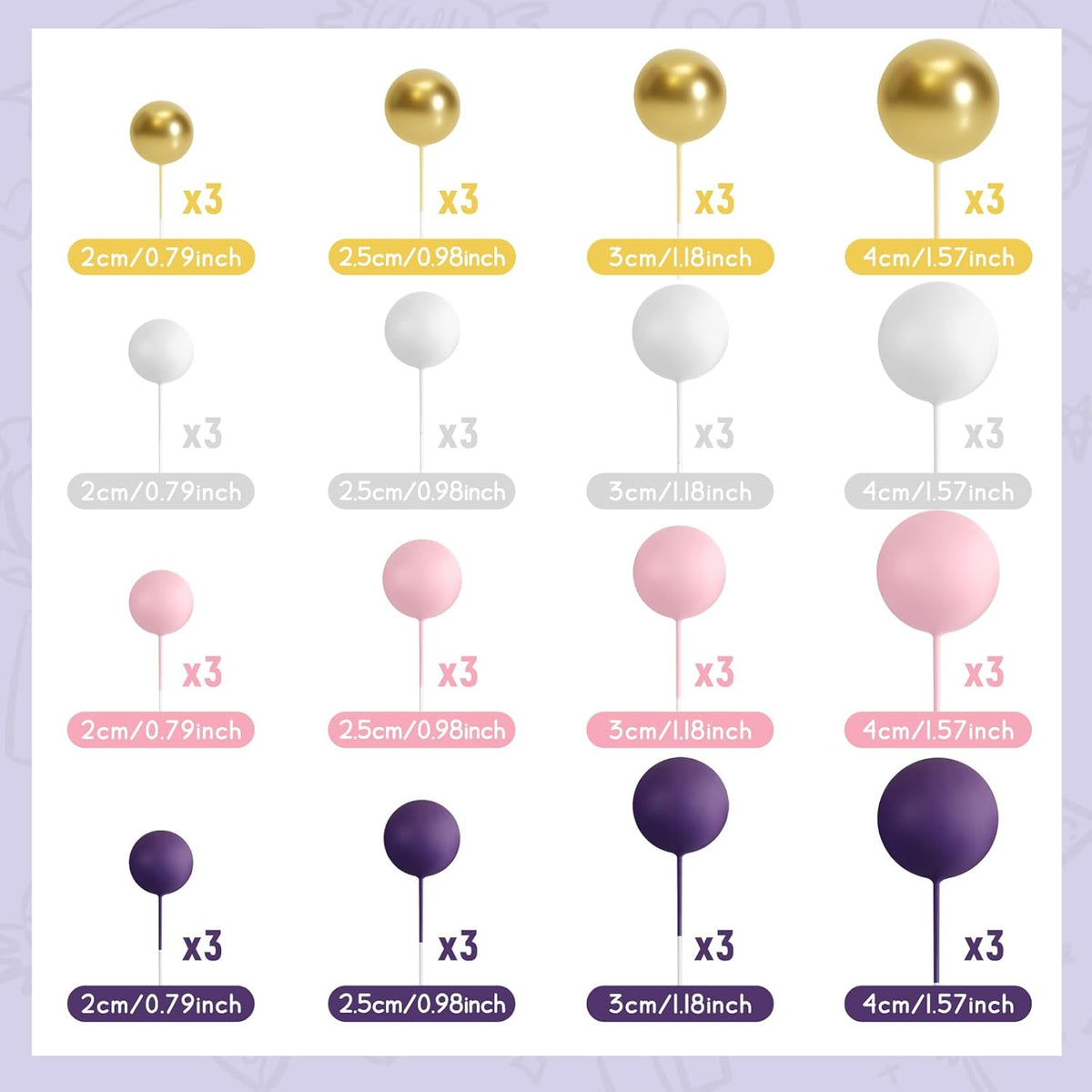 48 Pcs Balls Cake Topper Decorations Balloon Cupcake Toppers Foam Cake Topper Balls Cake Balls Decorations for Birthday Party Wedding Anniversary Cake Decorating (Pink, Purple, White, Gold)