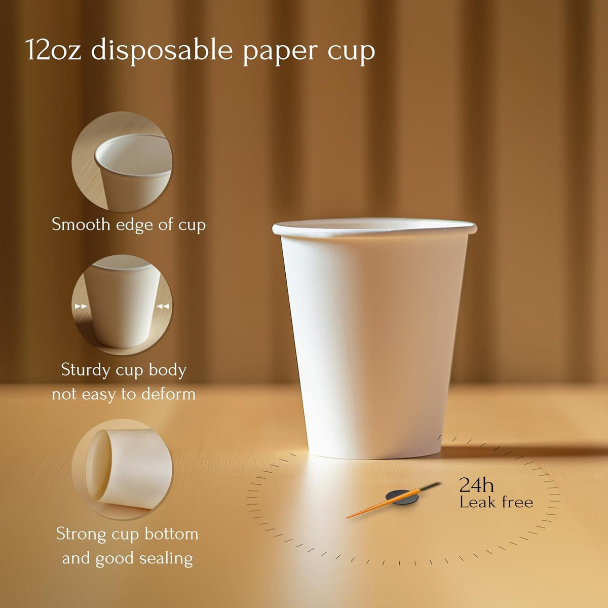 Paper Coffee Cups, 12 OZ Disposable Hot and Cold Cups, Leak-Proof White Cups for Coffee, Tea, Ideal for Home, Office, and Events (100 Count)