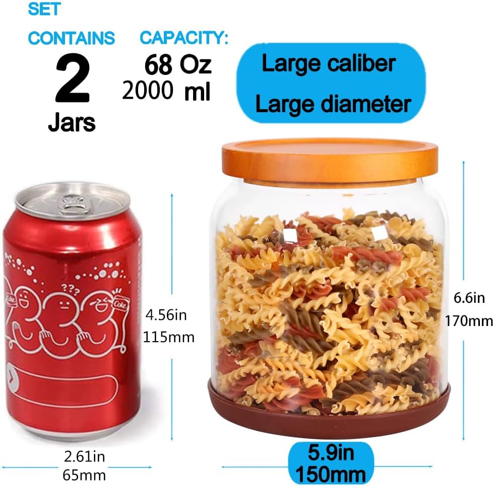 SAIOOL 2PCS Large Glass Storage Jars with Wooden Lids,Airtight Food Storage Containers, 3mm Thick Glass Kitchen Pantry Organization, Laundry Detergent Pods, with Scoop & Labels (67 FL OZ/2000 ml)
