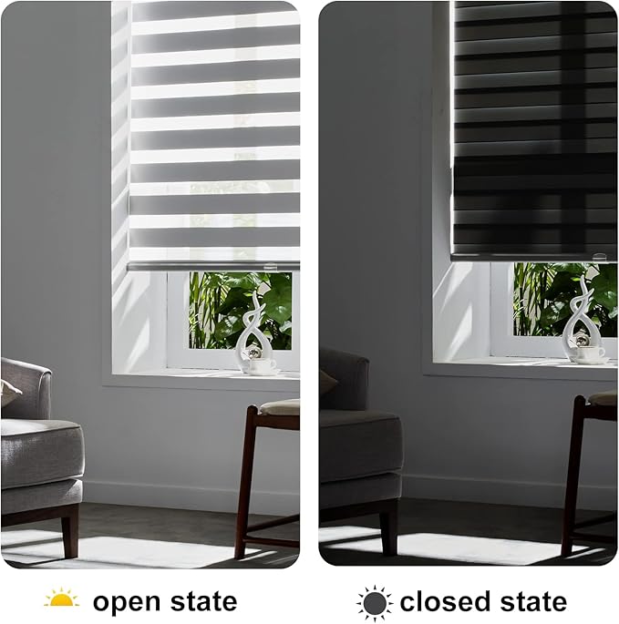 Persilux Cordless Zebra Blinds for Windows Free-Stop Window Blinds (30" W X 72" H, Grey) Dual Layer Light Control for Day and Night, Light Filtering Sheer Shades for Home, Easy to Install