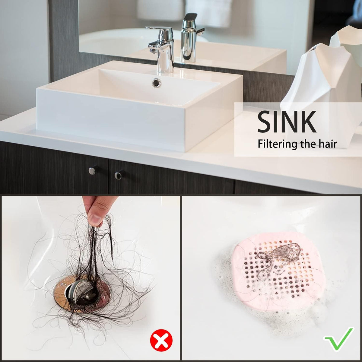 2 Pack Drain Cover Hair Catcher Silicone Drain Protector Hair Stopper for Shower Kitchen Bathroom Bathtub Black