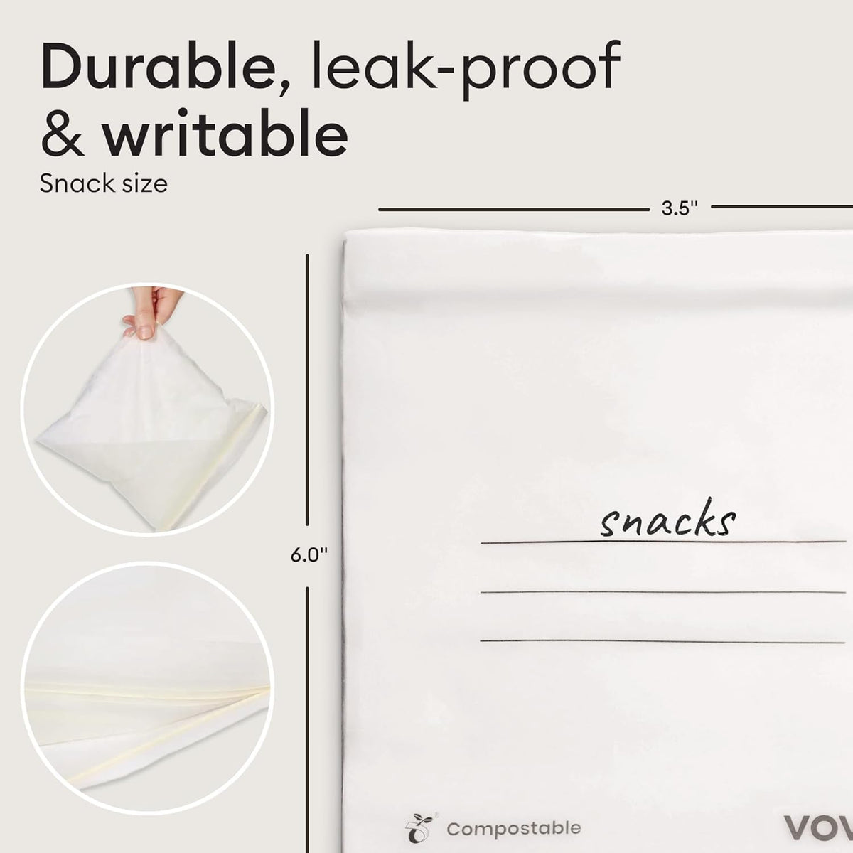 Vove Compostable Snack Bags, Small 50 Count – Freezer Safe, Leak Resistant, Non Toxic, Writable & Reusable Food Storage, Plastic-Free Eco Bags