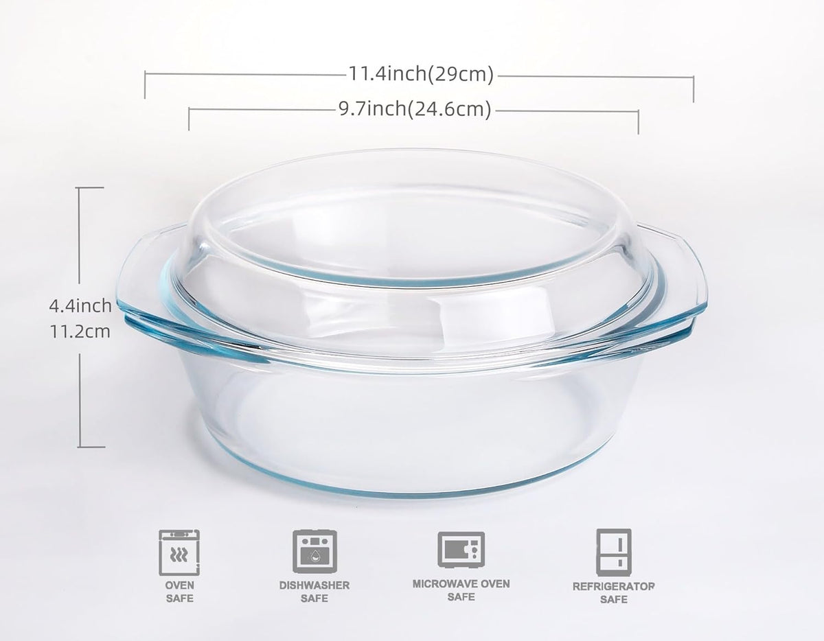 Round Tempered Glass Casserole Dish with Lid, Glass Casserole Baking Dish for Oven, Freezer and Dishwasher Safe - 2.5QT