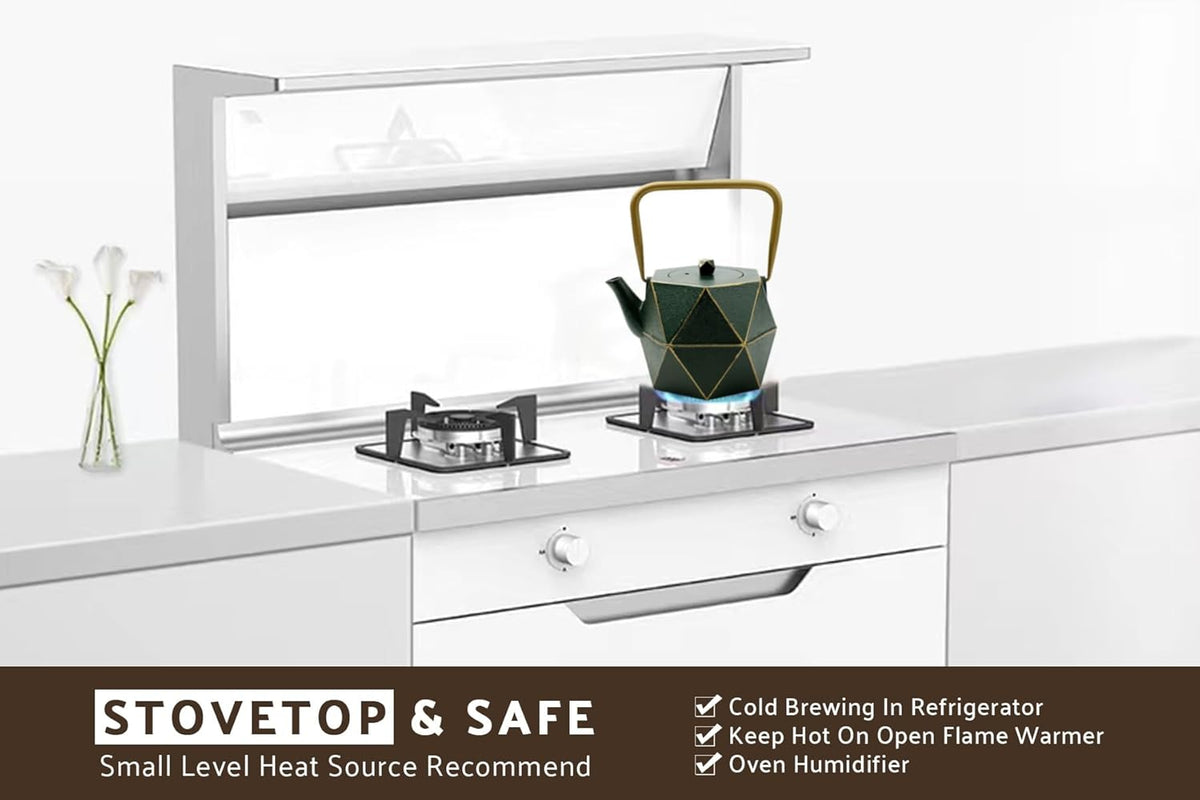 Toptier Cast Iron Teapot, Stovetop Safe Japanese Cast Iron Tea Kettle, Diamond Design Tea Pot with Removable Infuser for Loose Tea, 30 Ounce (900 ml), Dark Green