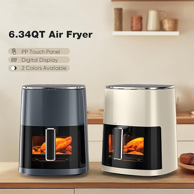 Hexago Air Fryer-6.34 QT Large Airfryer with Clear Window, 12-in-1 Air Fry, Roast, Reheat, Dehydrate, Bake, Steam with 400F, Touchscreen Controls, Gray