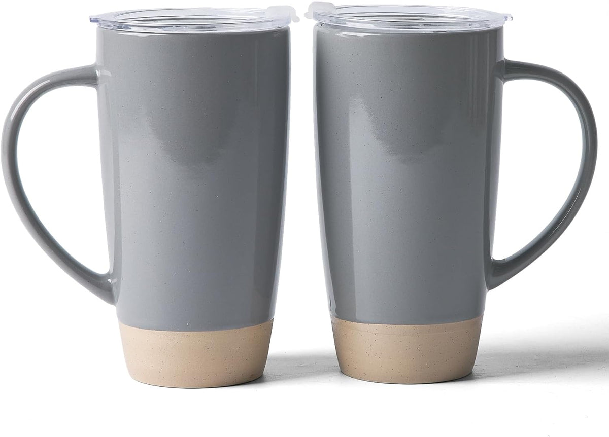 famiware Milkyway Coffee Mugs, 20oz Large Coffee Mug, Ceramic Mug Set of 2 with Lid, Cup Set with Handle for Latte, Tea, Cocoa, Milk, Home & Office, Dark Gray