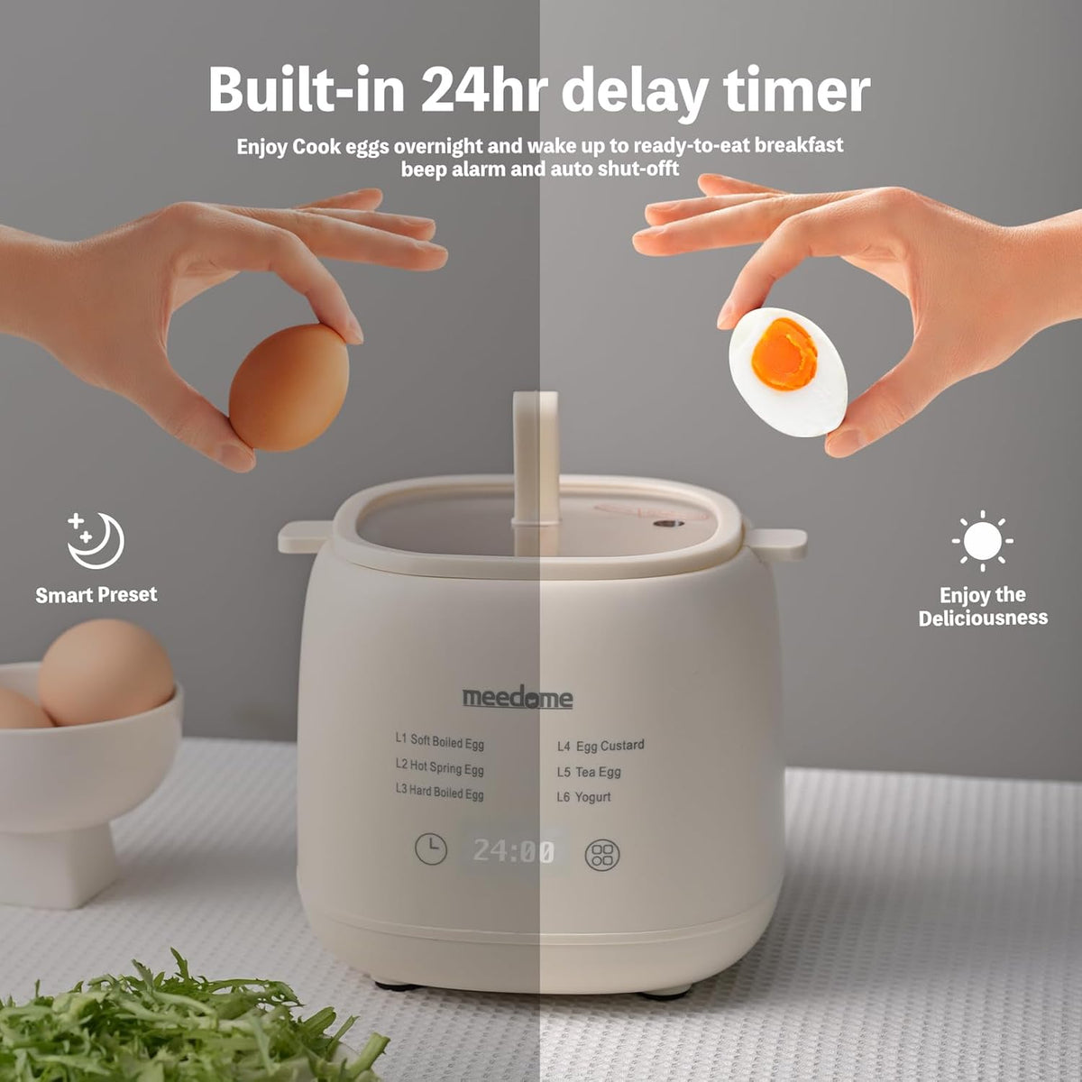 Electric Egg Cooker 6-in-1 with Auto Shut Off, Egg Steamer for Soft/Hard Boiled Eggs, Onsen Tamago, Tea Eggs, Custard, Yogurt Maker (BPA-Free Stainless Steel, Compact for Dorm/Keto Kitchen)