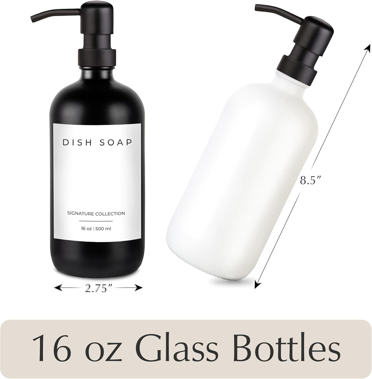 Emerson Essentials Soap Dispenser, Hands and Dishes Bottles, Kitchen Set, Glass Boyylrd with Pump and Labels,16 Ounces, 2-Pack