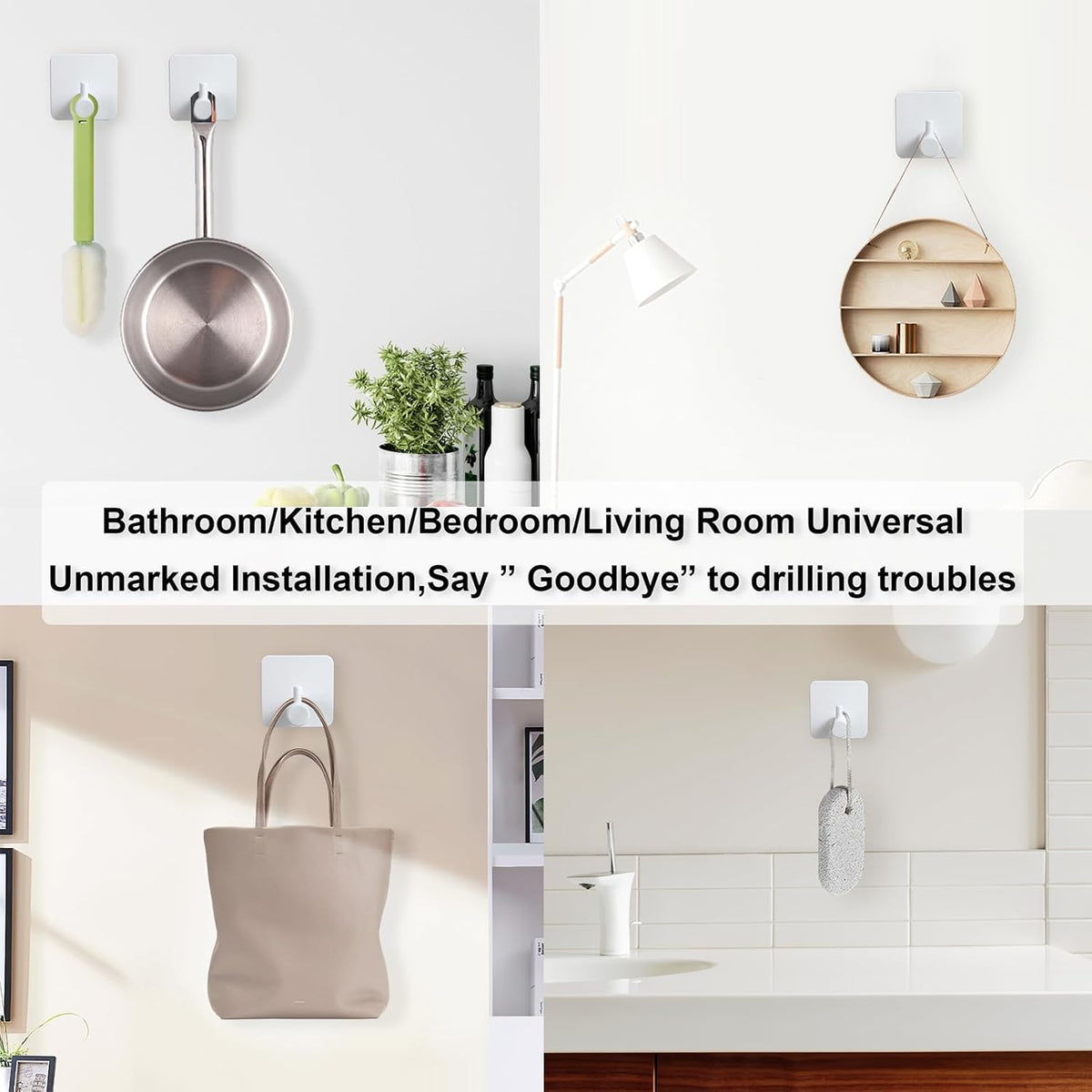 Aluminum Wall Hooks, No Drill Damage-Free Adhesive Hook, Product for Hanging Heavy Duty for Bathroom Kitchen Home (Single Square White Hook, 4)