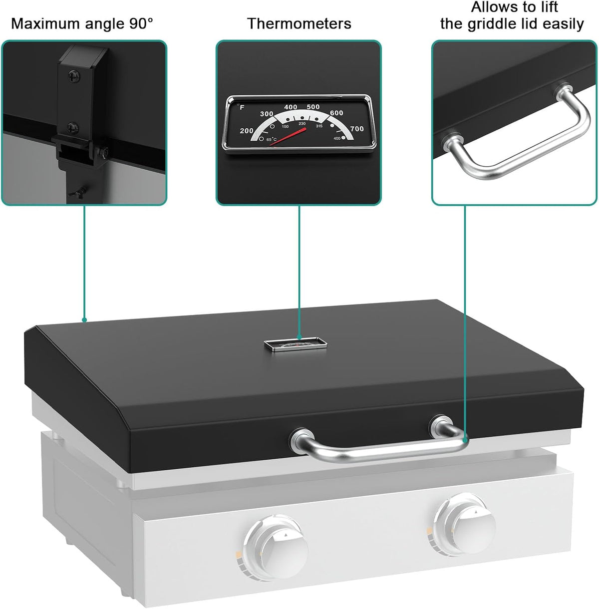 Upgraded Griddle Hinged Lid for 22" Blackstone 1666 1813 1833 1842 2144 1891 2203 2304 2271 1935 and More, Hard Cover Hood with Thermometer for Blackstone 22 Inch Griddle Accessories