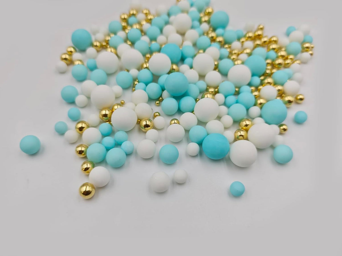 Mixed Edible Pearl Sugar Sprinkles, 4.6 oz Candy Pearls Ideal for Baking, Cake and Cupcake Toppers, Cookie Decoration, Ice Cream Topping (Blue&White&Gold)