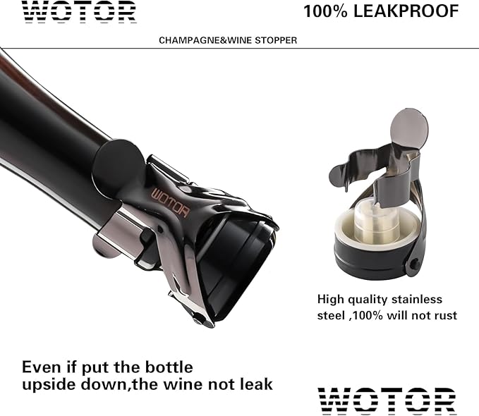 WOTOR Champagne&Wine Bottle Stoppers Stainless Steel with Food Grade Silicone, Leak Proof Keep Fresh Reusable Saver, Cork Suitable for Wine, Champagne, Cava, Prosecco and Sparkling (8 Pack Black）