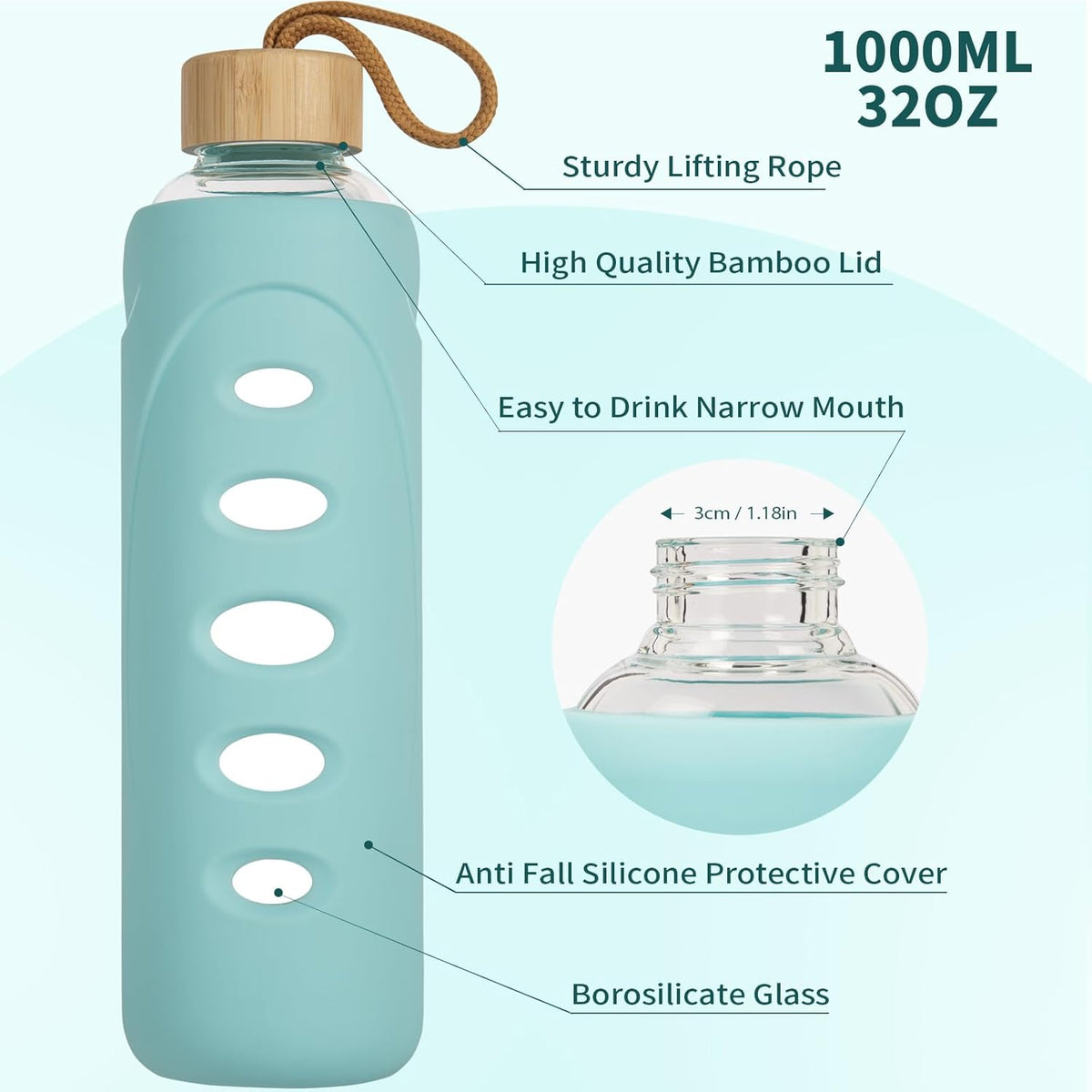 Sport 32oz Glass Water Bottle 1000ml /1 liter Borosilicate Glass Water Bottle Reusable Waterbottle Jugwith Silicone Sleeve and Unique Lid (Cyan