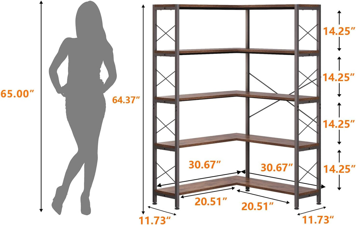 5-Shelf Corner Bookshelf, Vintage Industrial L-Shaped Bookshelf Etagere Bookcase, Large Book Shelf with Metal Frame Open Storage Corner Cabinet (Retro Brown-5 Shelf)