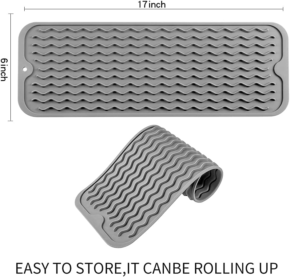 Silicone Dish Drying Mat for Multiple Usage,Easy clean,Eco-friendly,Heat-resistant Silicone Mat for Kitchen Counter,Sink,Bar,Bottle,or Cup Grey M 17 inches x 6 inches