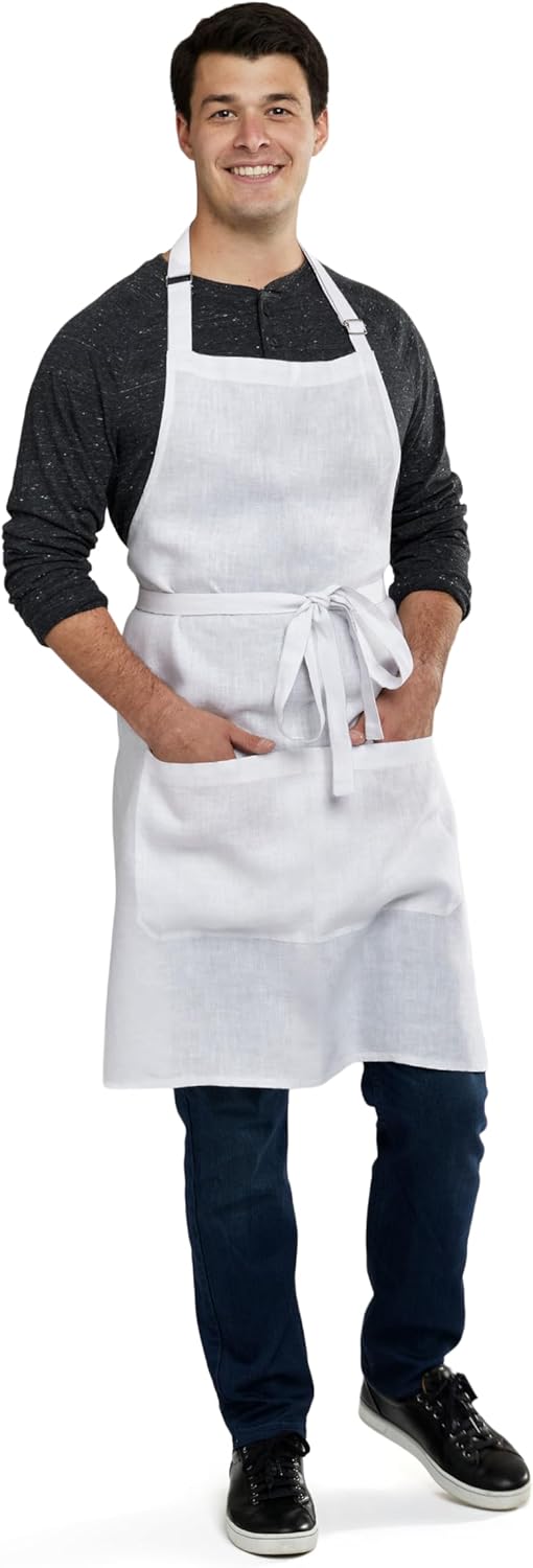 Solino Home 100% Pure Linen Apron for Women & Men - White Stripe Full Midi Bib Apron, Adjustable Neck Strap with Center Pockets for Kitchen, Chef - Handcrafted from European Flax