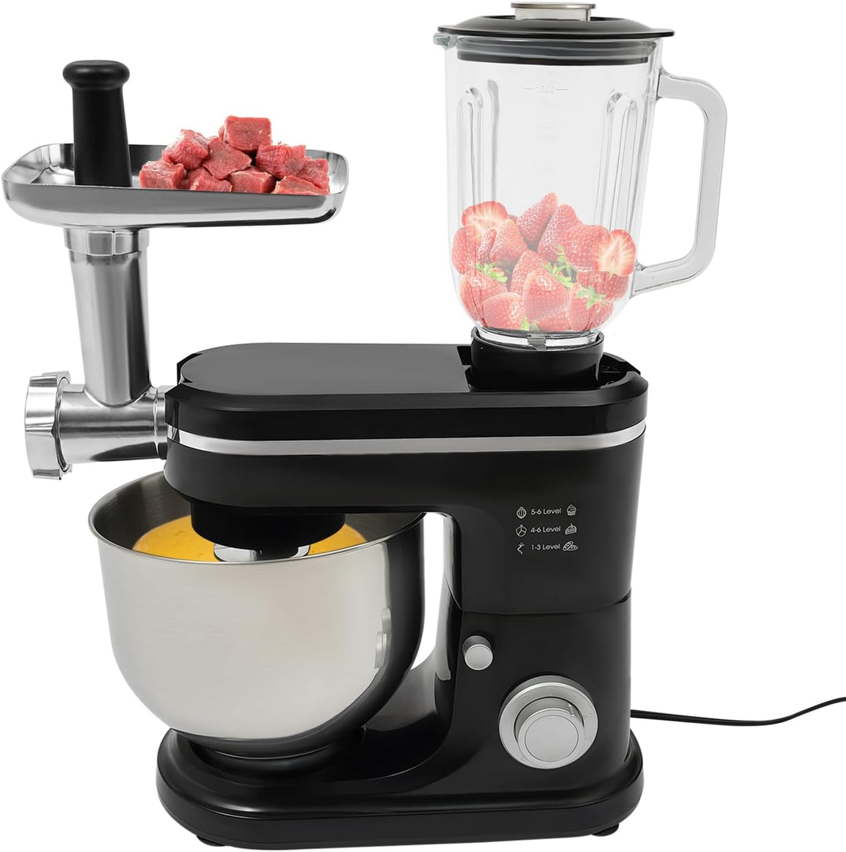 Stand Mixer, 3-in-1 Food Processor Multifunctional Electric Kitchen Mixer with 6 Accessories for Most Home Cooks, 6.34 Qt (Black)