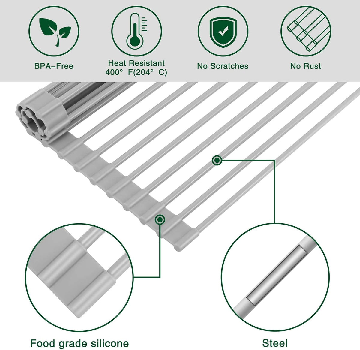 Roll Up Dish Drying Rack Over The Sink Kitchen Roll Up Sink Drying Rack Multipurpose Foldable Sink Drying Mat, Heat-Resistant, Anti-Slip & Anti-Rust Dish Rack for Kitchen, 17" x 13", Grey