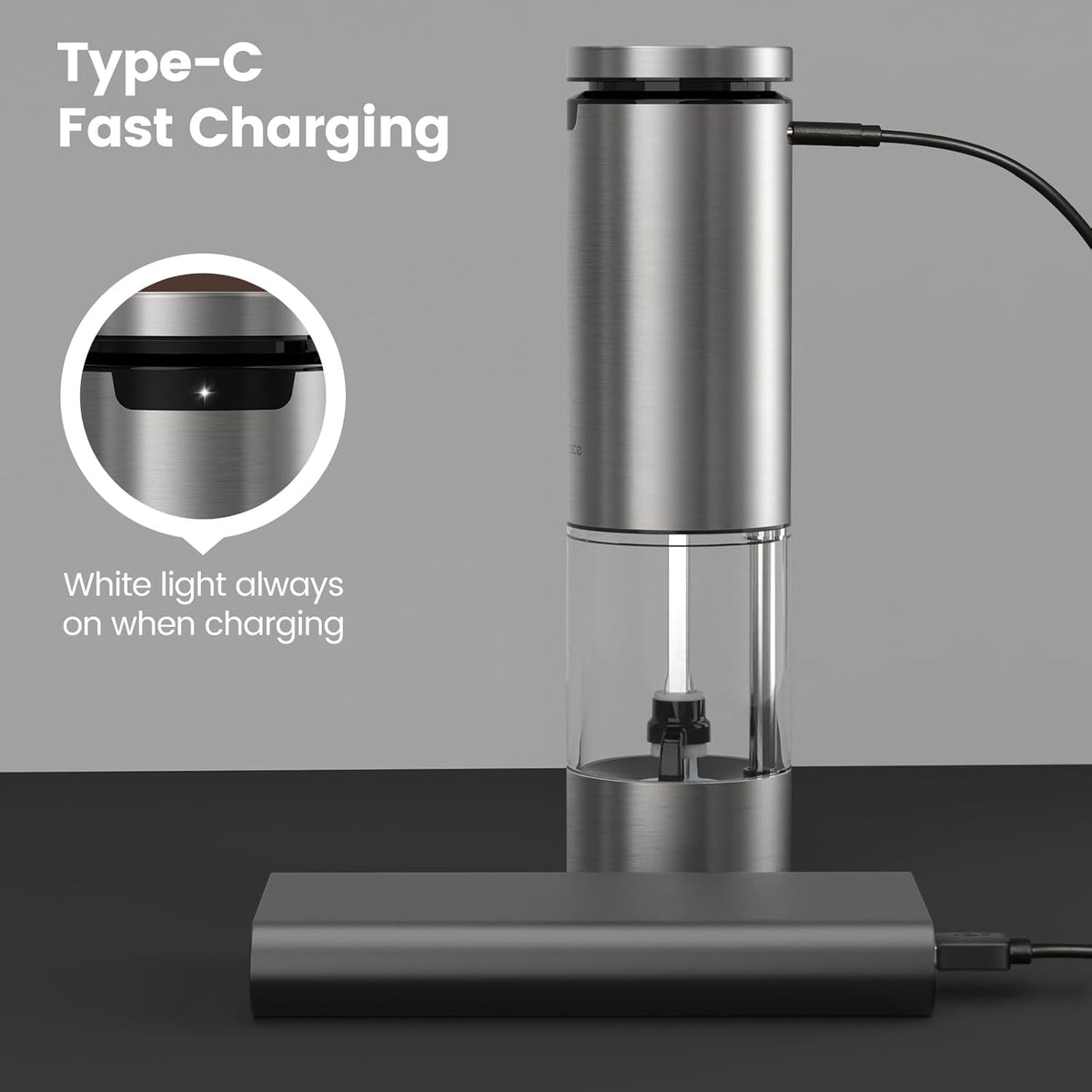 SIMPLETASTE Electric Salt and Pepper Grinder Set Rechargeable with LED Light, Stainless Steel, 70g Capacity for Kitchen, Dining Room, Bar