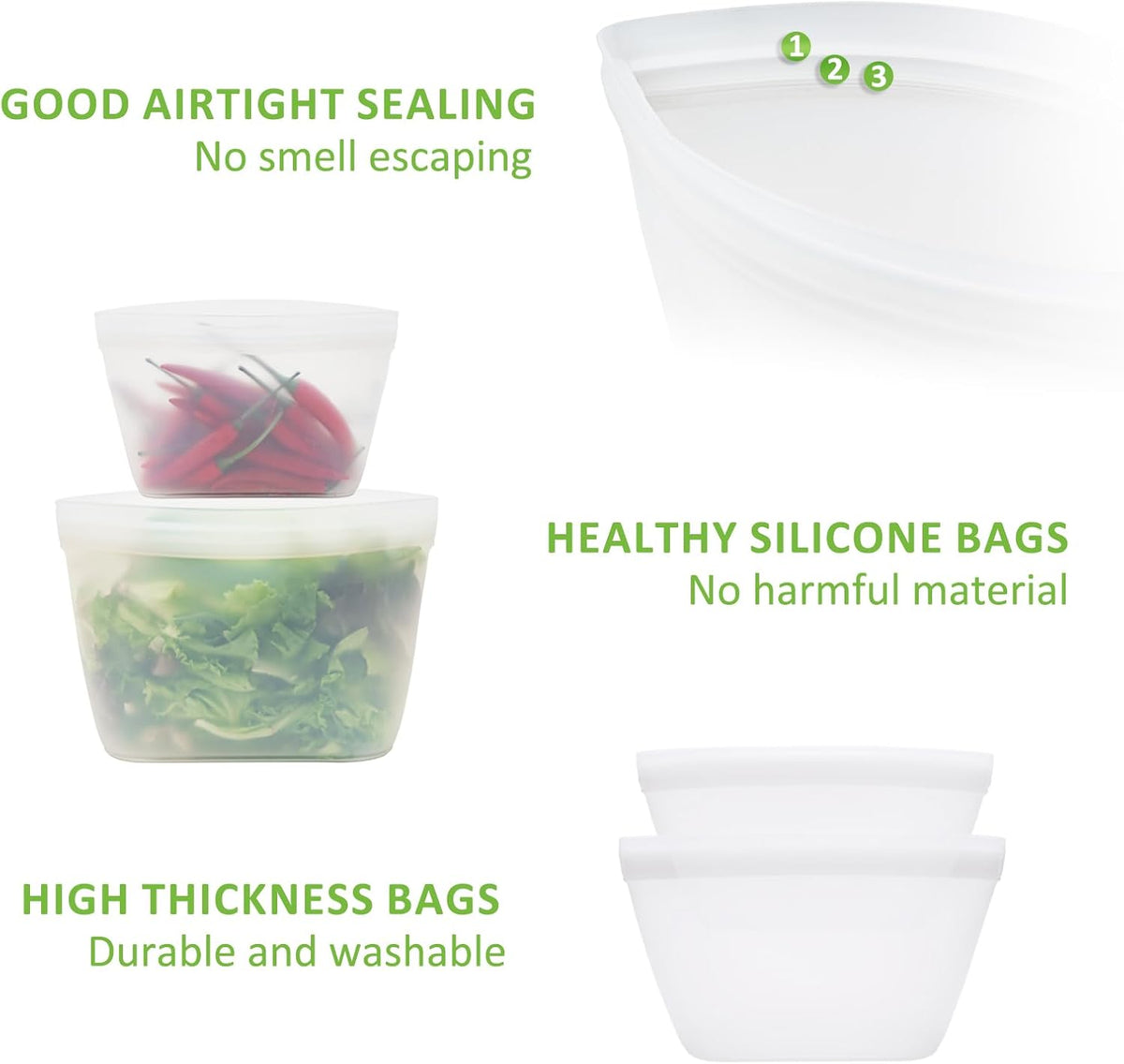 Silicone Bags for Food Storage, Reusable Zip Lock Silicone Food Storage Containers Stand Up Snack Bags, Freezer Microwave Oven Dishwasher Safe, Plastice BPA-Free 3 Pack(40oz 20oz 12oz)
