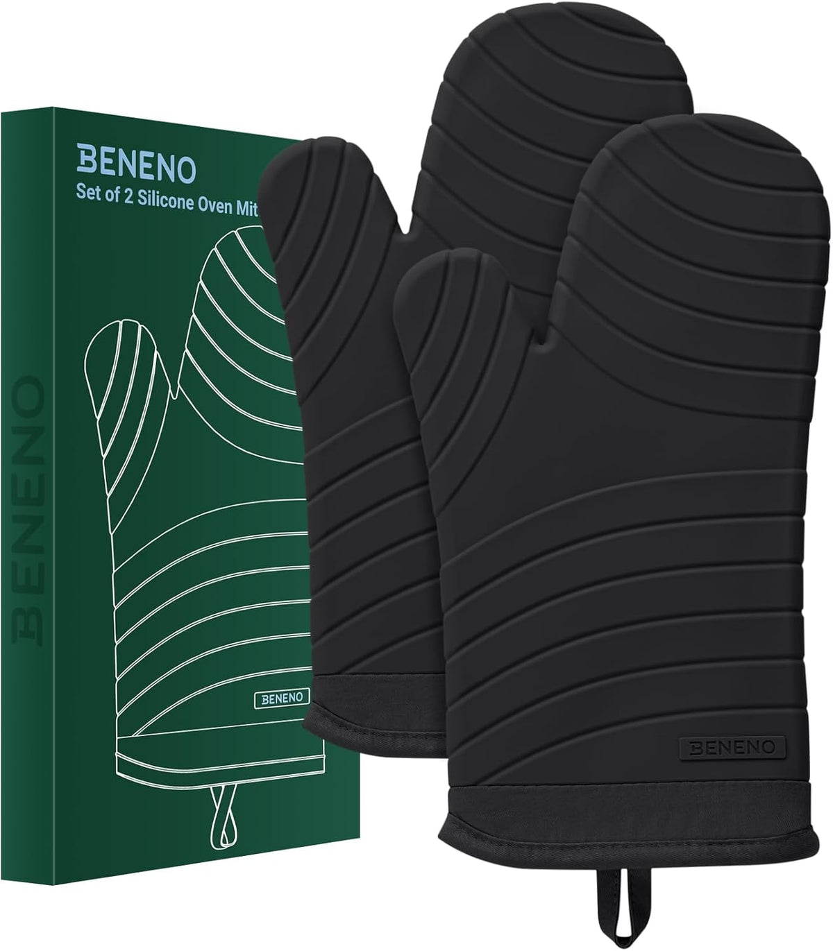 Beneno BPA-Free Silicone Oven Mitts, Heat Resistant Waterproof Oven Mitts with Non-Slip Textured Grip, Comfortable Quilted Lining, Kitchen Pot Holders for Cooking, Baking, Grilling, 7"x13", 2Pcs Black