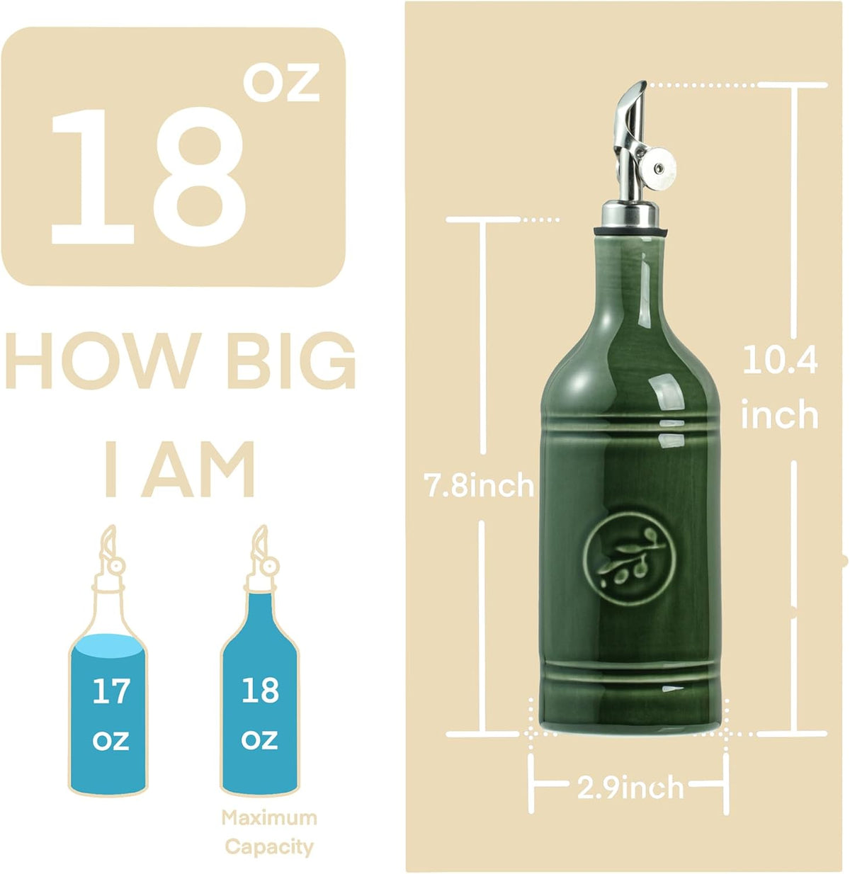 Olive Oil Dispenser Bottle with Spout, 18 oz Ceramic Oil Dispensers for Kitchen, Opaque Cruet, EVOO & Vinegar Bottle with Automatic Stainless Steel Pourer, Pack of 1, Jade Green