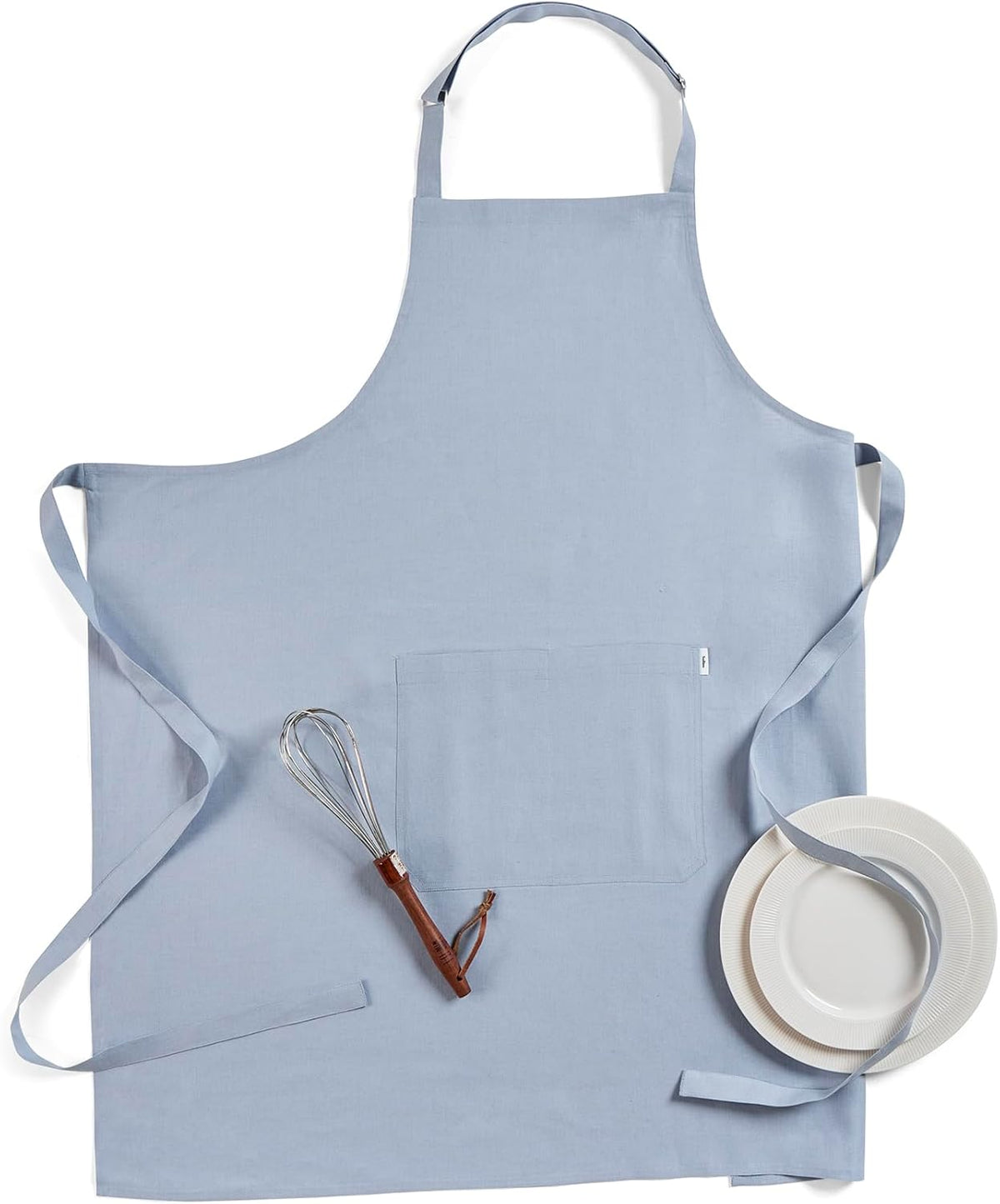 Solino Home 100% Pure Linen Apron for Women & Men - Dusty Blue Stripe Full Midi Bib Apron, Adjustable Neck Strap with Center Pockets for Kitchen, Chef - Handcrafted from European Flax