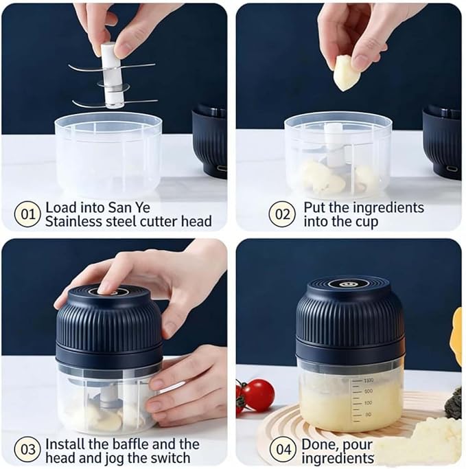 Electric Garlic Chopper, Mini Portable Veggie Cutter with 4/6 Stainless Steel Blades, Portable Wireless Rechargeable Mini Electric Garlic Food Chopper for Garlic, Onion, Chili, Nuts (2PCS-A,250ML)