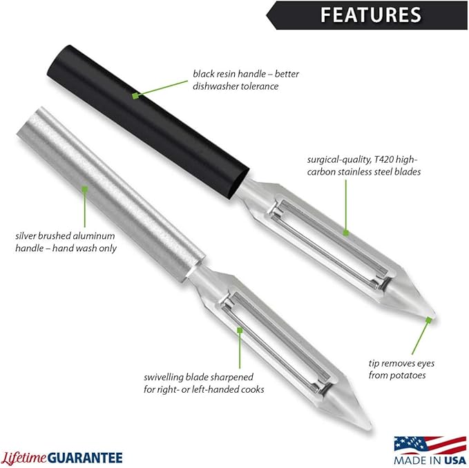 Rada Cutlery Vegetable Peeler (R132), 1.75" Stainless Steel Swiveling Blade, Silver Handle, Pack of 2
