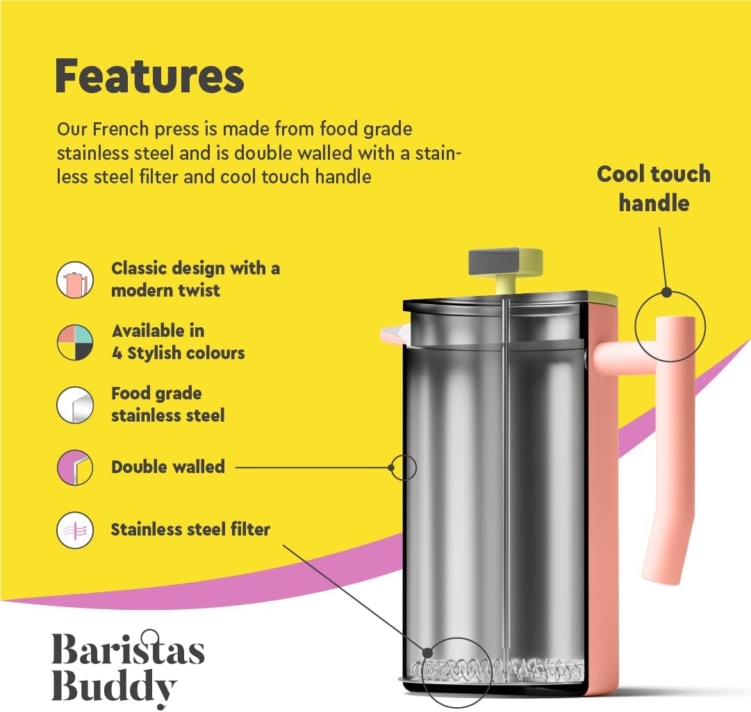 Cute Pink French Press Coffee Maker - Colorful, Retro And Stylish Insulated Coffee Brewer - Large Size Brews 4 Cups